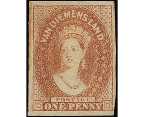 (x) Tasmania1857-67 watermark double-lined numeral, 1d. brick-red with good to large margins, unused without gum, some light 