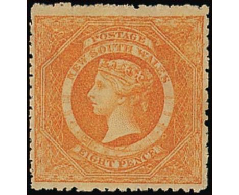 (x) New South Wales1860-72 Diadem, perf 13 8d. red-orange, unused with large part original gum, a few small gum thins at righ