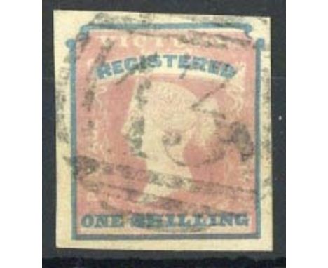 (x) Victoria1854-55 Woodblock "registered" 1/- rose-pink and blue, good margins, cancelled "13", fine. S.G. 34, £200  Subject