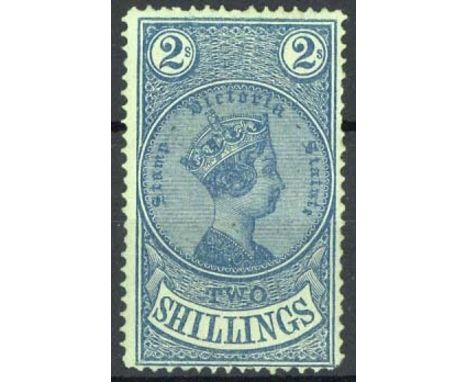 (x) Victoria1884 Stamp Statute, watermark single-lined numeral, Saunders perf 13 2/- deep blue on green, unused with large pa