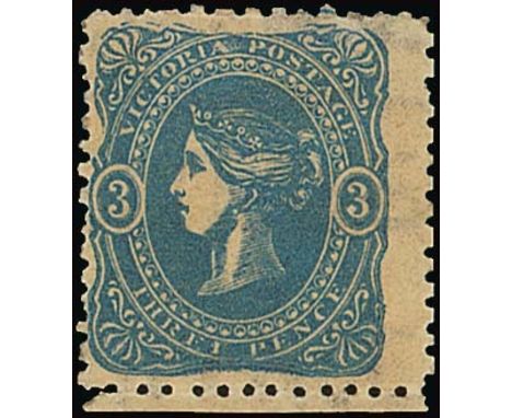 (x) Victoria1860-66 Beaded Oval, Saunders paper watermarked with value in words, 3d. blue unused with large part original gum