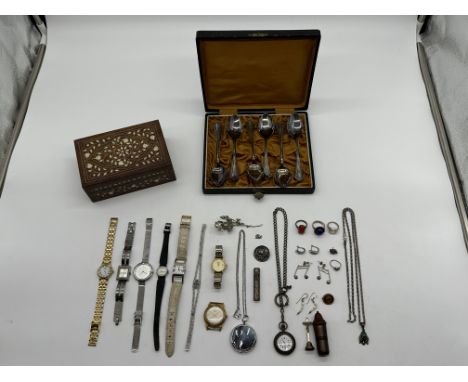 Collection of Dress Jewellery to include 18ct Gold Face Rotary Watch, Guess Watch, Silver Spoons, Rings and others. 