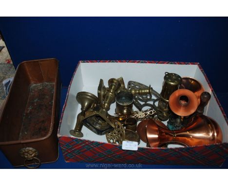 A quantity of Brass and Copper including jugs, copper/brass miniature globe trump marker, Welsh miner's lamp, Welsh love spoo