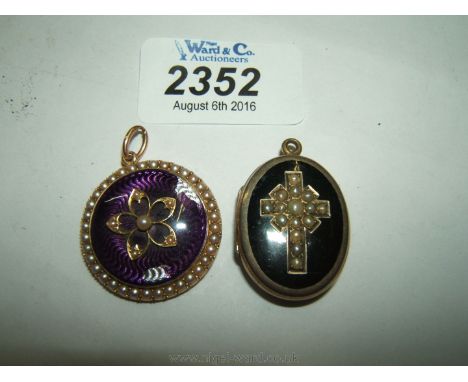 A Gold and enamel Mourning Pendant, being set with seed pearls and having a lock of hair inside and a damaged Gold and enamel
