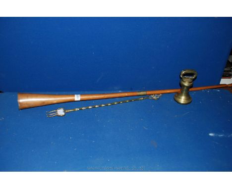 A metal Hunting Horn, Brass Weight and Brass Toasting Fork.