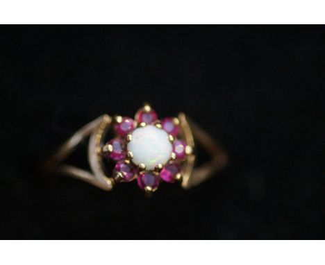 9ct Gold Ring set with Opal and Rubies Size P