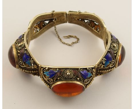 A Chinese silver gilt filigree and enamel bracelet set with amber coloured gems the intricately decorated units are embellish