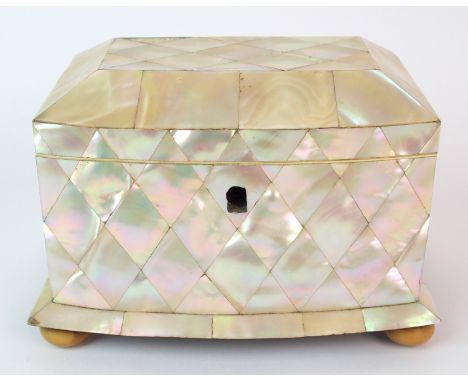 A Regency abalone shell tea caddy the hinged cover enclosing two covered divisions and on bun feet (minor losses), 18cm wide