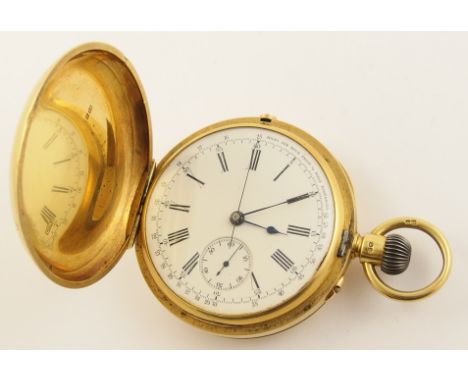 An 18ct gold pocket watch with chronograph facility dial white enamelled with black Roman numerals, centre seconds hand, minu