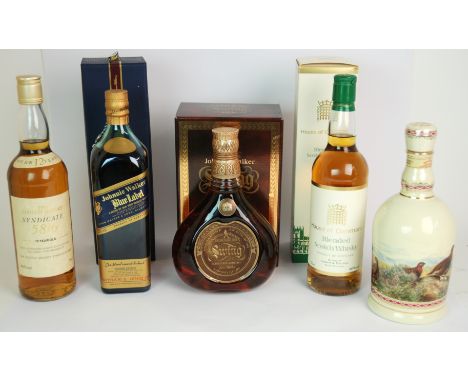 Five bottles of whisky comprising; House of Commons, The Scotch Whisky Syndicate 58/6, Johnnie Walker Blue Label, Johnnie Wal