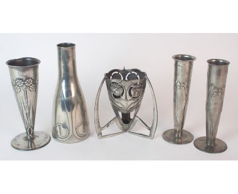 Archibald Knox for Liberty & Co. Tudric Pewter flower vases circa 1905 0820 a pair of slender solifleurs decorated with styli