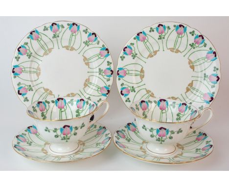 George Logan for Foley china Glasgow style tea trios comprising; two tea cups, two saucers and two tea plates, the trios deco