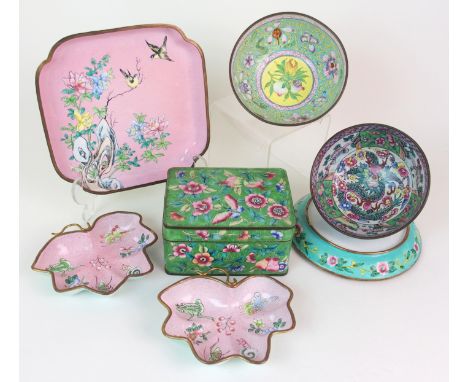 A group of Cantonese enamel objects comprising; two bowls, rectangular box and cover, pair of leaf dishes, circular dish and 