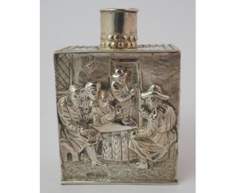 A Continental silver tea caddy (possibly Dutch) of rectangular form embossed with various figures in village scenes, 8cm x 5c