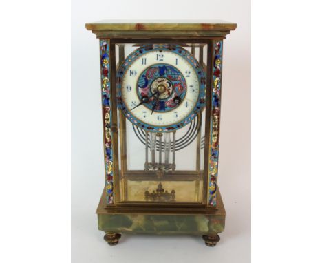 A French champleve, brass and onyx mercury pendulum mantle clock with foliate dial and bevelled glass panels, 28cm high