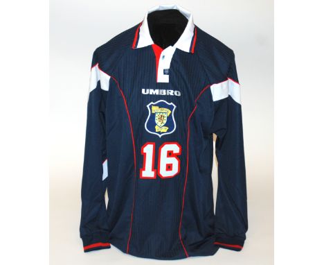 A blue Scotland International shirt No.16, with button-up collar and embroidered cloth badge, inscribed The Scottish Football