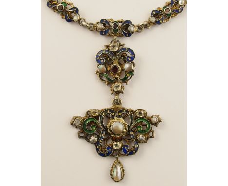 An Austro Hungarian enamel and gem set necklace in gilded white metal, the pierced foliate forms are enamelled in blue and gr