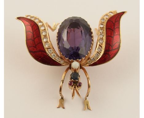 A large 14ct gold bug brooch the body set with a large faux amethyst, the head and body set with a sapphire, ruby eyes and an