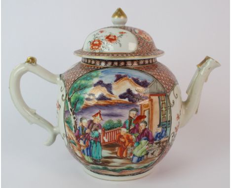 A Cantonese famille rose globular teapot and cover painted with panels of figures before pavilions before a lake divided by f