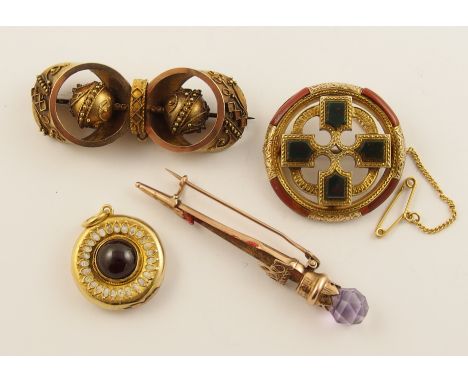 A Scottish agate yellow metal cross brooch set with bloodstone and jasper 31mm, together with a garnet and enamel locket back