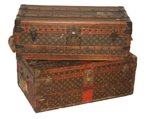 A Louis Vuitton cabin trunk with lift out drawer, bears label and no. 190527 (lacking side handles, well worn), monogrammed J