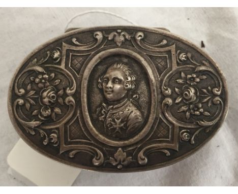 A 19th century snuff box, probably of German manufacture, stamped with 18th century false marks, the cover embossed with a ge