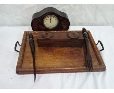 An oak tray, clock and inkwell
