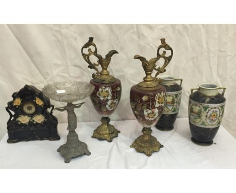A pair of painted glass ewers, ceramic clock & tazza; together with a pair of Japanese painted vases
