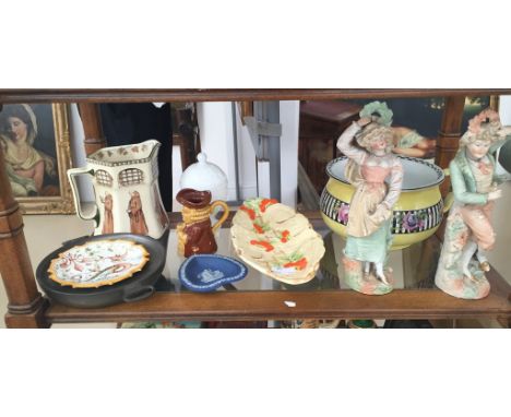 A quantity of ceramics to inc a rare Royal Doulton Monk water pitcher D2536, faience dish, Victorian pair of figures etc