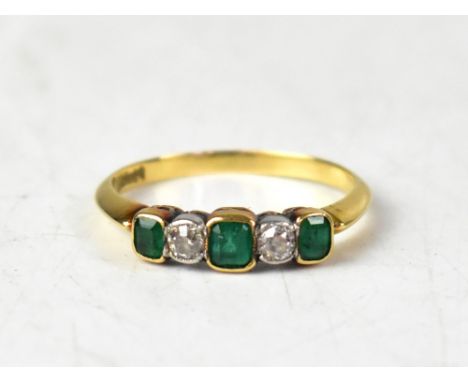 An 18ct yellow gold five-stone ring set with alternating emerald cut emeralds and rose cut diamonds, size N, approx 2.1g. CON