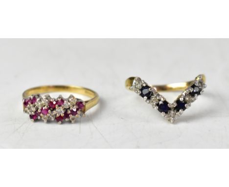 A 9ct yellow gold chevron ring set with alternating blue and tiny white stones, size N and a 9ct yellow gold ring set with al