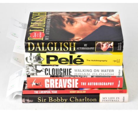 FOOTBALL; six football related books, each bearing signatures, comprising Pelé, Jimmy Greaves, Brian Clough, Sir Kenny Dalgli