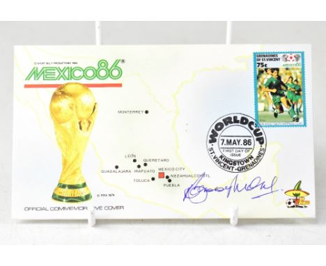 ENGLAND GREATS; a Mexico 1986 first day cover bearing the signature of legendary England Captain Bobby Moore.We have not auth