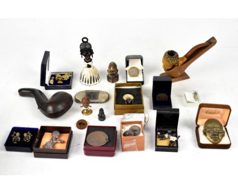 A carved Meerschaum pipe with carved figural bust bowl, case and a small quantity of costume jewellery and other items.