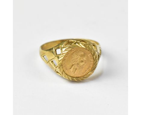 A gentlemen's vintage 9ct gold signet ring with Mexican Maximilian gold coin, 1865, mount with diamond cut-outs to the should