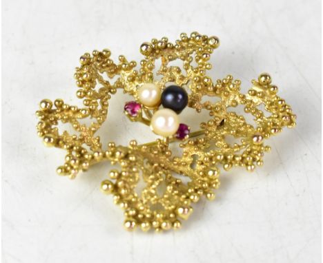 A contemporary hallmarked 9ct gold brooch of naturalistic leaf design, with a central cluster comprising two white pearls and