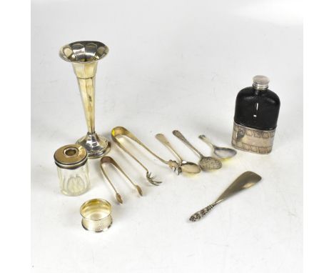 Various items of silverware to include a George V hallmarked silver fluted vase of trumpet form, with weighted base, height 1