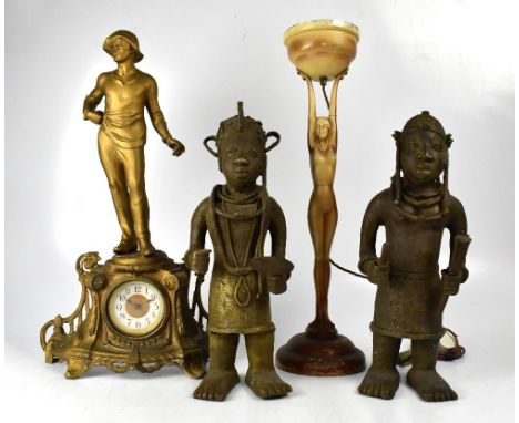 A pair of Benin-type reproduction figures, an Art Deco inspired lamp and a figural timepiece (af).