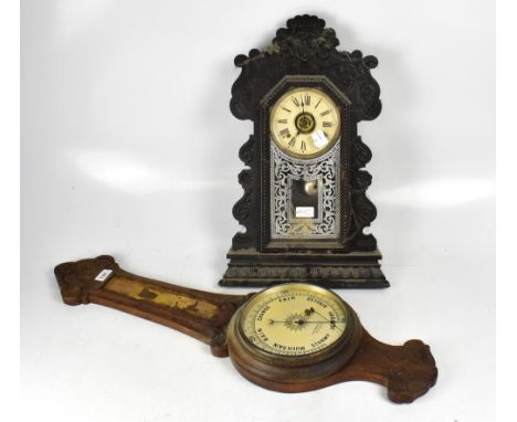 A c1900 'gingerbread'-type mantel clock and a barometer in need of complete restoration (2).