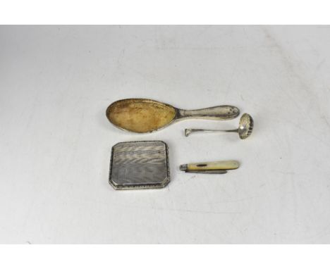 Various items of hallmarked silver to include a breast pocket cigarette case with engine turned decoration, Chester 1929, a m