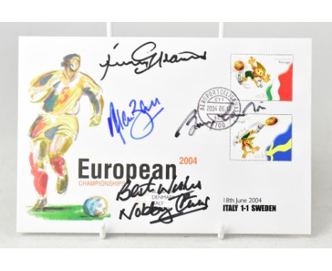 FOOTBALL; a European Championships 2004 first day cover bearing four signatures comprising Sir Bobby Charlton, Nobby Stiles, 