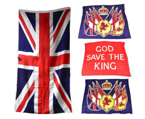 A large Union flag, approx 137 x 268cm, a red flag/banner printed with 'God Save the King' in white text, also printed 'Briti