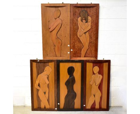 Five carved hardwood panels of the nude female form, each panel 91 x 45cm (5).