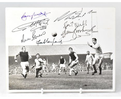 WEST HAM LEGENDS; a black and white photograph of Bobby Moore, Martin Peters, Sir Geoff Hurst, Harry Redknapp and Trevor Broo