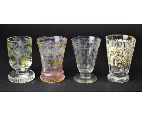 Three 19th century Bohemian glasses comprising an octagonal glass with cream enamel scroll, foliate and acanthus leaf gilt-he