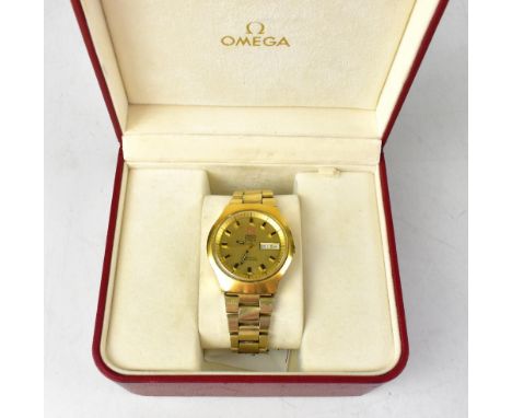 OMEGA; a gentlemen's electronic f300Hz Geneve chronometer wristwatch, the circular gold-coloured dial set with raised baton n