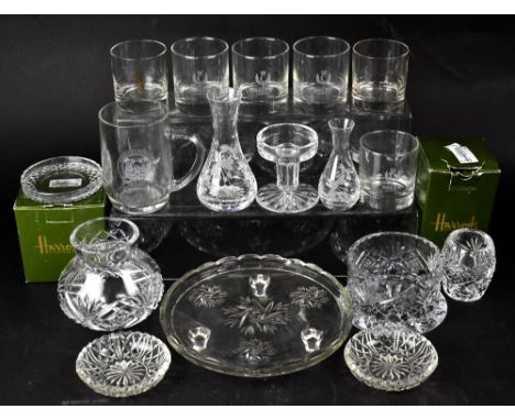 A quantity of mixed glassware to include Bells Scotch Open whisky tumblers, an Esso centenary 1888-1988 glass tankard, cake s