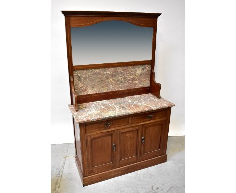 An Edwardian mirror back rouge marble top wash stand with string inlay, above two drawers and two cupboard doors, to plinth b