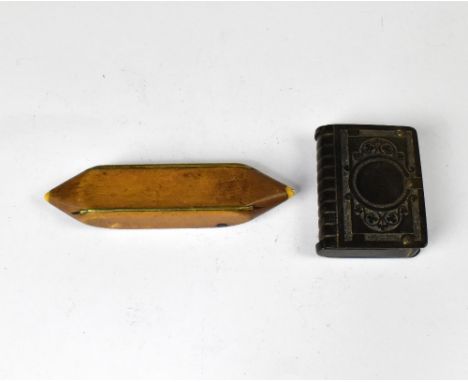A Vintage Bryant &amp; May Bakelite vesta case in the form of a Bible, length 4.5cm and a vintage boxwood snuff box in the fo