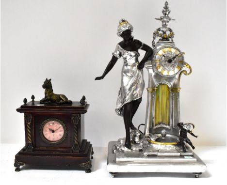 A contemporary silvered and gilt-heightened resin figural mantel clock and a further small stained wooden mantel clock surmou